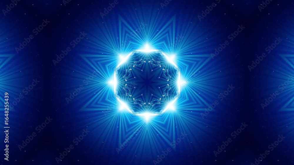 Poster dynamic blue starburst mandala pulsates with bright light and shimmering particles, creating a mesme