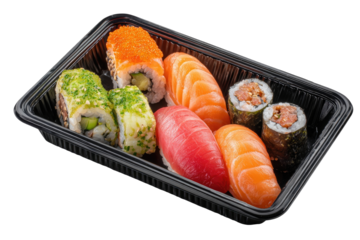Assorted sushi in black takeout container.  Variety of rolls and nigiri.  Salmon, tuna, and spicy options.  Colorful and fresh-looking
