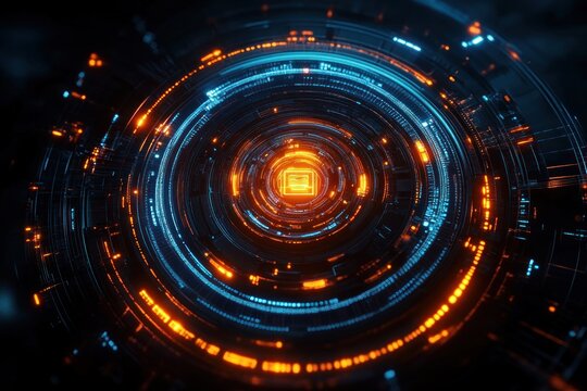 Glowing circular digital interface with concentric rings of blue and orange lights conveying futuristic technology and high-tech data visualization