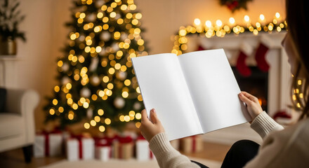 Cozy Holiday Evening: Woman Holds Blank Magazine by Christmas Tree