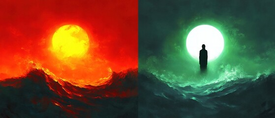 A surreal split scene with a blazing orange sun over turbulent red and black waves on the left, and a bright greenish-white moon with a silhouetted figure amidst dark green waves on the right