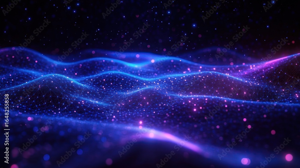 Poster abstract digital landscape with glowing blue and purple wave-like grid patterns illuminated by scatt