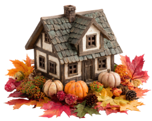 Miniature house model surrounded by autumn leaves, pumpkins, pinecones, and berries, creating cozy fall home decor scene with warm, inviting colors and rustic charm
