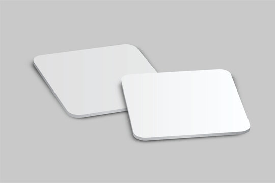3D vector mockup of square blank beer coasters, isolated on background. Empty coaster lying for branding, pub, bar, restaurant, cafe, drinkware, bottle, can, cup holder and promotional product design