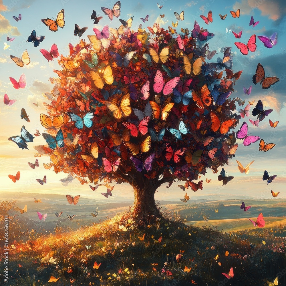 Poster vibrant tree with multicolored butterflies fluttering around and resting on branches in a sunlit mea
