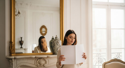 Elegant Woman Reading Blank Book in Bright, Classic Interior