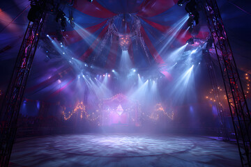 Image from inside a large circus illuminated by beautiful lights in its most incredible presentation.