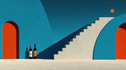 Two wine bottles rest by a stairway leading between curved blue walls and arched red doors under a sunlit sky