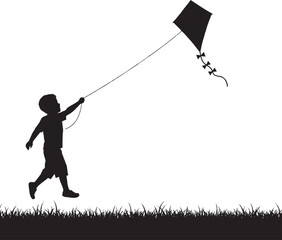 Obraz premium Boy Flying Kite Silhouette on Grassy Ground Vector Illustration