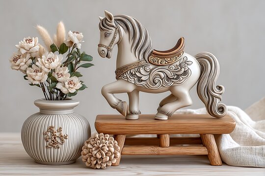 Decorative terracotta horse on wooden base high resolution picture