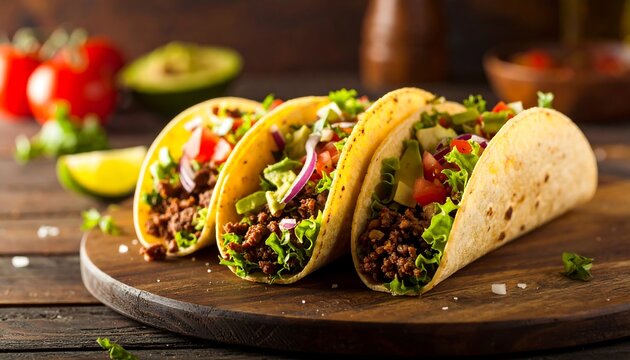 Delicious beef tacos on a wooden board
