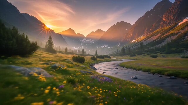 Majestic Sunrise Over Alpine Meadow With Stream