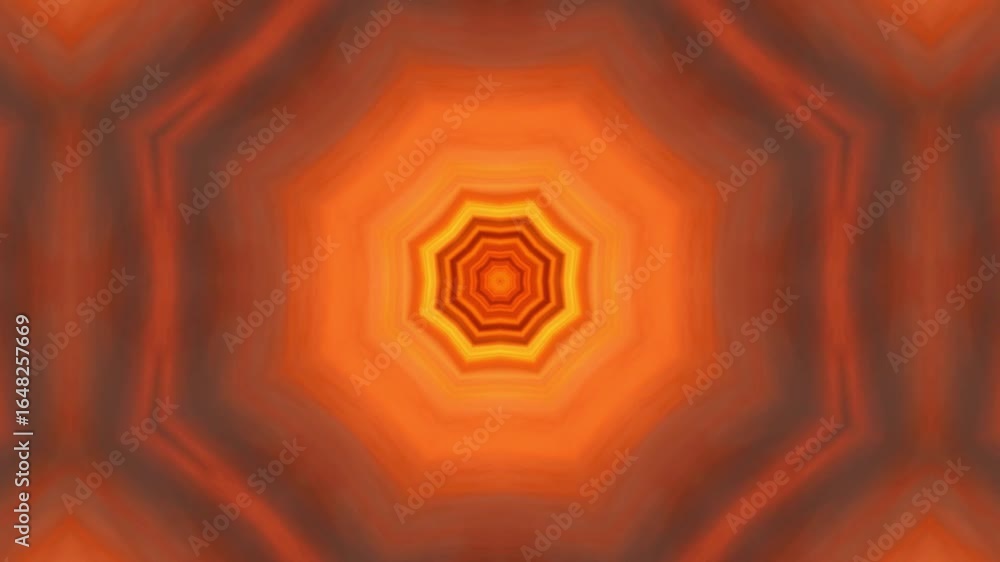 Poster mesmerizing orange and brown kaleidoscopic pattern with radial symmetry and glowing center, perfect 