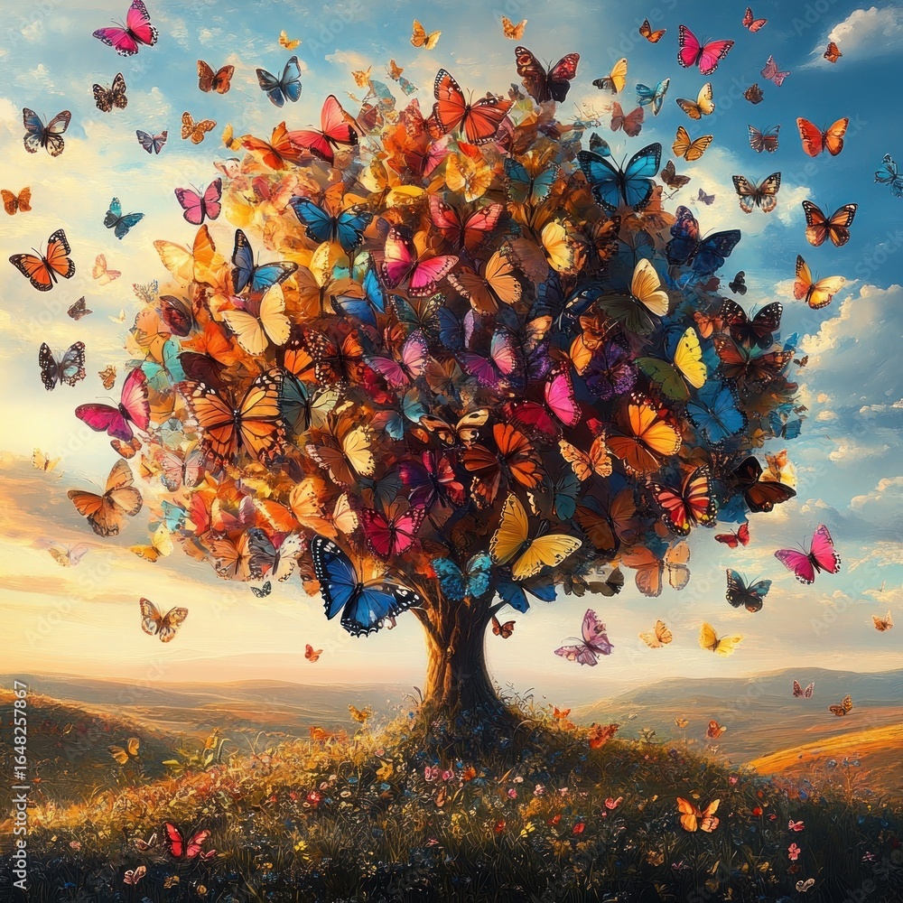 Poster a majestic tree with a dense canopy made up entirely of colorful butterflies fluttering under a part