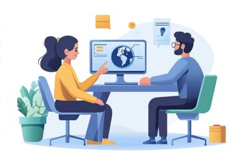 Two people sitting at a desk in an office setting discussing information displayed on a computer screen featuring a globe and data, engaged in a collaborative work environment