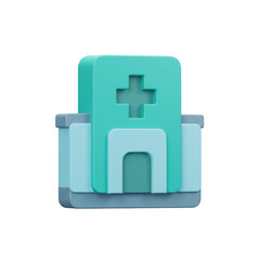 Obraz premium A stylized illustration presents a modern hospital building with a prominent medical cross signifying healthcare and healing in a clean design.