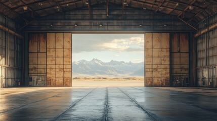Fototapeta premium Empty industrial hangar with large open doors revealing distant snow-capped mountains under a partly cloudy sky