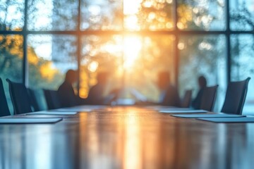 silhouettes of people sitting around a conference table with sunlight streaming through large windows creating a warm and reflective atmosphere