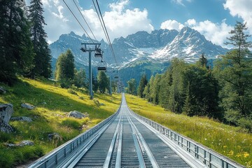 Alpine landscape with green grassy slopes, wildflowers, tall pine trees, metal mountain toboggan run and chairlift against backdrop of snow-capped jagged peaks under a partly cloudy blue sky