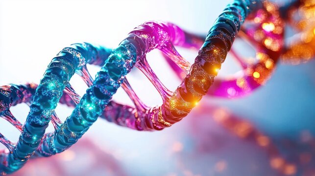 Close-up of a colorful, glowing DNA double helix structure with a vibrant mix of blue, purple, pink, and orange hues against a blurred background - Powered by Adobe