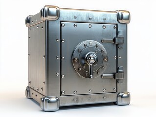Fototapeta premium Metallic heavy-duty safe with reinforced corners and round combination lock, reflecting security and protection