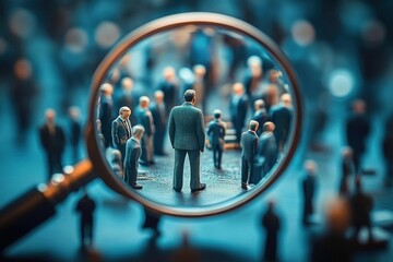 Miniature figures of business people gathered with one figure in sharp focus under a magnifying glass symbolizing analysis or scrutiny