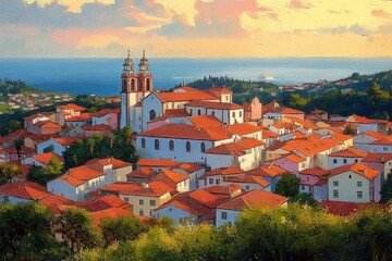 Scenic view of a coastal town with red-tiled roofs, white buildings, a prominent church with twin bell towers, surrounded by green trees under a colorful sky