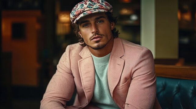young man with intense gaze wearing a floral patterned cap, light pink blazer, and light-colored sweater sitting indoors with a contemplative and confident expression