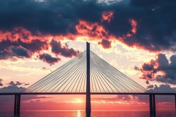Modern cable-stayed bridge silhouetted against vibrant sunset with dramatic colorful clouds over calm water