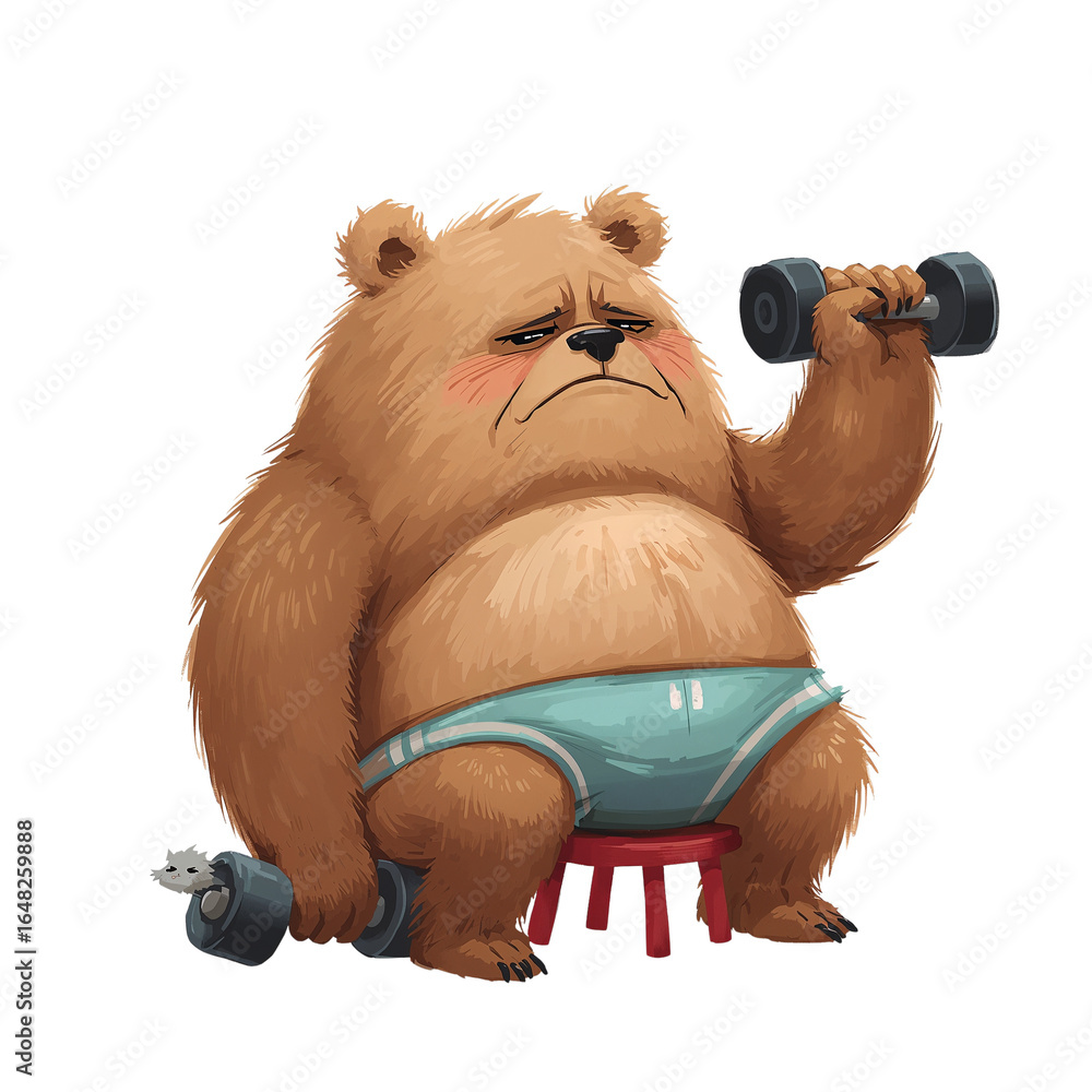 Poster grumbling grizzly attempts weightlifting with tiny dumbbells on transparent background