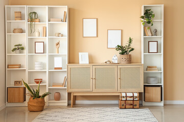 Interior of living room with dresser and shelving units near beige wall