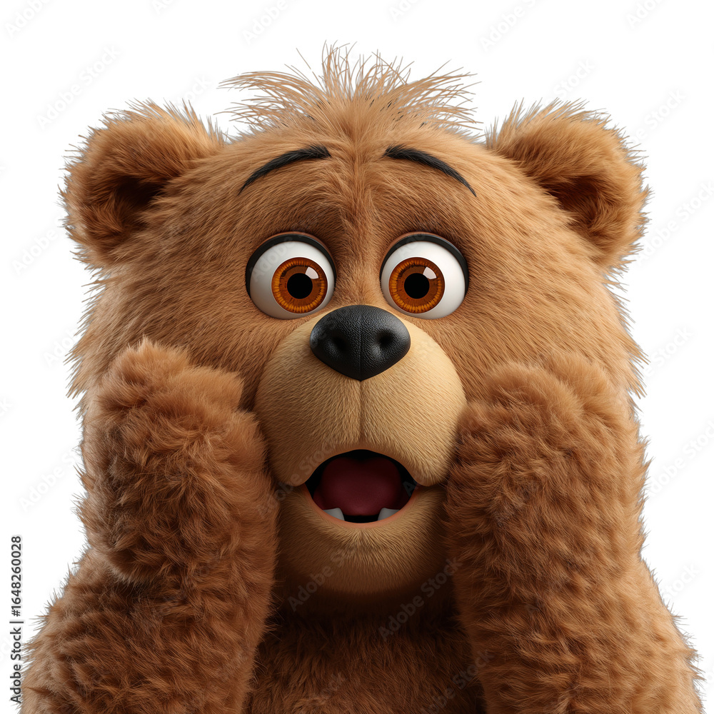 Poster expressive animated bear character conveying surprise with hands on face on isolated transparent