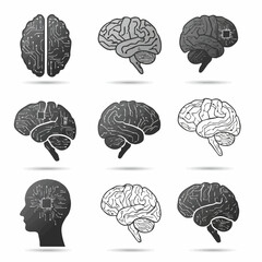 Artificial Intelligence Brain Concept - Set of Brain Icons with Circuitry and Silhouette Head