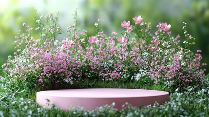 Pink podium in a floral garden