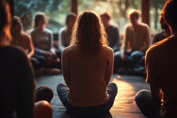 Group of people sitting in a circle indoors during golden hour, engaging in a calm and reflective group session