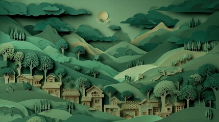 Green paper-cut landscape scene