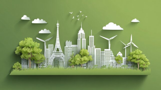 Eco-friendly city skyline, paper cut style (1)