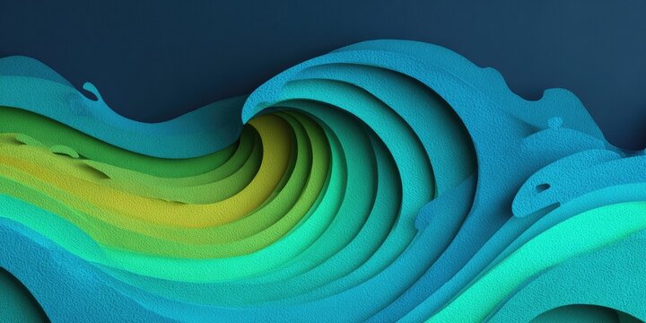 Abstract swirling wave of layered teal, green, and yellow hues