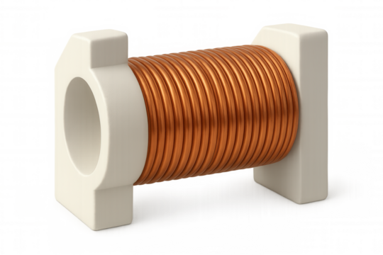 Copper coil inductor generating magnetic field, isolated on transparent background, essential component in electrical circuits
