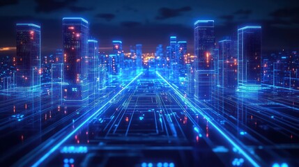 Futuristic cityscape with glowing blue digital grid lines and illuminated skyscrapers at night, depicting a high-tech virtual urban environment