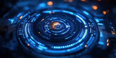 Futuristic digital circular interface with glowing blue and orange light elements representing advanced technology and data visualization