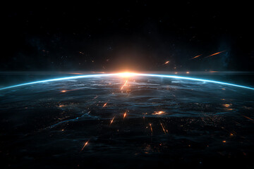 Sunrise over Earth with glowing city lights and meteor streaks in space.