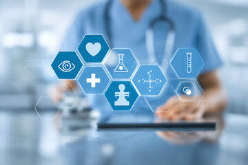 Naklejka premium Healthcare professional interacting with digital medical and scientific icons representing health, research, and technology.