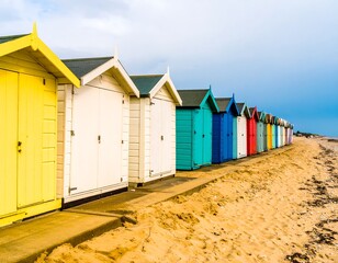 Naklejka premium Colorful beach huts line a sandy shore (1)