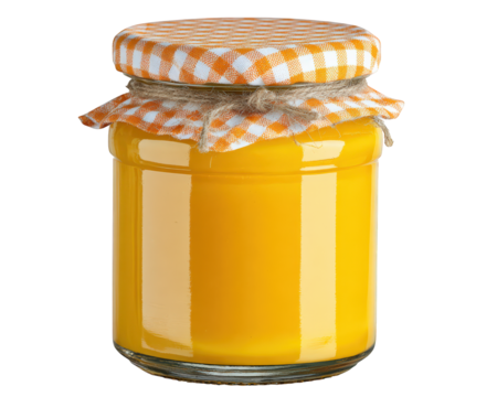 Yellow fruit jam jar, glass container with orange checkered fabric lid, rustic twine, isolated on transparency background, sweet preserved spread, homemade, cheerful mood