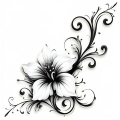 elegant black and white floral design featuring a large detailed lily surrounded by swirling ornamental vines and small buds conveying a sophisticated and graceful mood