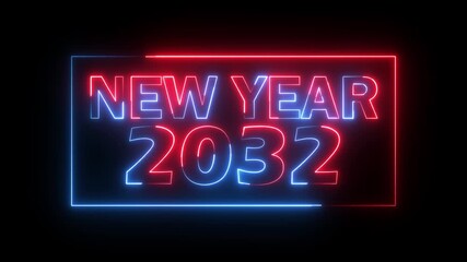 New year 2032 text icon animation glowing neon red and blue color number anniversary template banner sign signboard holiday code digit rectangle box font letter word on black background