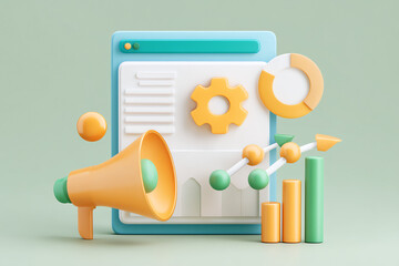 3D illustration of a marketing concept with megaphone, charts, gear, and growth graph elements in orange and green tones.