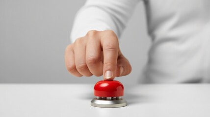 Urgent action needed finger pushing red panic button now quickly