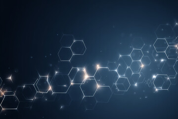 Glowing hexagonal network pattern with light effects on a dark blue background, representing technology or molecular structures.